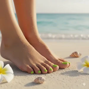 A relaxing summer image showing a pedicure with a bright light green nail polish on the toenails at the beach.