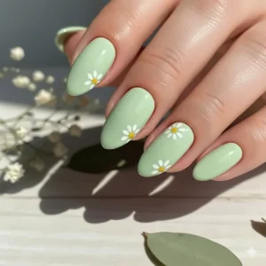 Close-up of trendy nail art featuring light green nail polish as the base with small white daisy details.