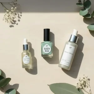 A flat lay showing a bottle of light green nail polish alongside hand cream and cuticle oil for a complete routine.