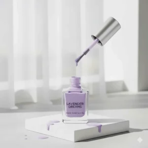Clear image of a light purple nail polish bottle and brush applicator, highlighting the product label and brand.