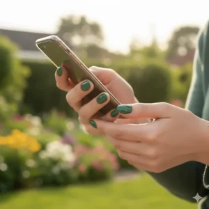 Durable, high-shine green gel nail polish manicure shown after two weeks of wear.