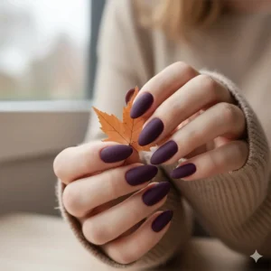 Matte finished nails painted with a rich dark purple nail polish, perfect for fall.