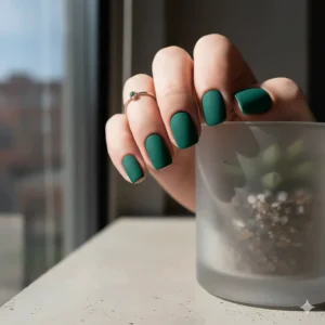 Chic, sophisticated nails finished with a trendy matte emerald green nail polish.
