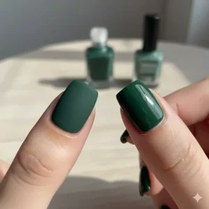Comparison image showing the same shade of green nail polish with a matte topcoat on one nail and a glossy finish on another.