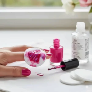 Image showing a cotton pad with remover successfully taking off a coat of deep fuchsia nail polish.