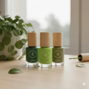 A trio of non-toxic, vegan-friendly green nail polish bottles.