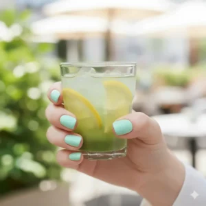 Hand modeling a cheerful, light pastel green nail polish, ideal for spring or summer.