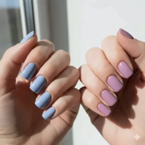 Two hands side-by-side comparing the distinct cool blue tone of periwinkle nail polish to a warmer lavender shade.