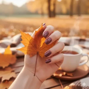 Hand holding a crisp autumn leaf, showcasing the plum nail polish as the perfect seasonal manicure color.