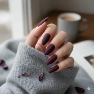 Nails painted with a modern plum nail polish in a velvety matte finish, ideal for winter style.