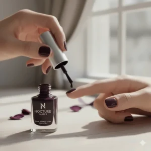 Hand holding an applicator brush, applying a layer of dark purple nail polish to a fingernail.