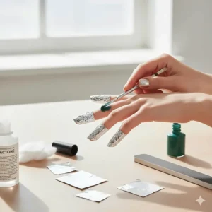 Proper technique for removing green gel nail polish using acetone and foil wraps.