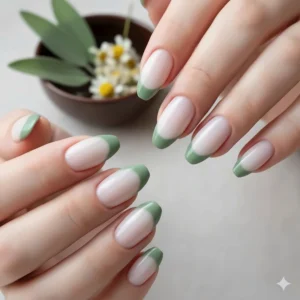 Modern twist on a classic French tip manicure, featuring crisp, sage green nail polish tips.