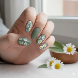 Delicate white daisy floral nail art on a muted sage green nail polish base, perfect for spring or summer.