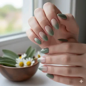 Smooth sage green ombre nail art design, blending from a light neutral into a deep sage green nail polish shade.
