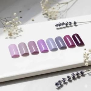 Swatches demonstrating various beautiful shades of lavender colour nail polish, from pale lilac to deep purple.