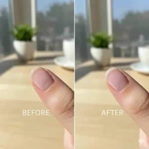 Before-and-after photo reviewing a coat of sheer pale purple polish, demonstrating its subtle, glossy finish.