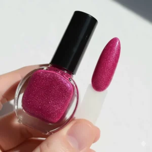 A bottle and swatch of a fuchsia nail polish with a noticeable glitter or subtle shimmering effect.
