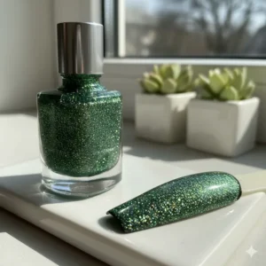 Bottle and swatch of a shimmering, metallic green nail polish with a glitter finish.