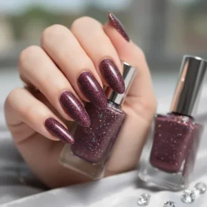 Elegant manicure featuring a shimmering plum nail polish with fine glitter particles catching the light.
