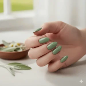 Simple, chic, solid sage green nail polish on short, naturally shaped nails for an everyday elegant look.
