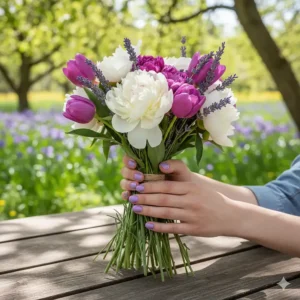 A seasonal spring manicure featuring a soft, pastel lavender colour nail polish coordinated with blooming flowers.