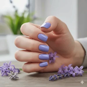 Fresh spring manicure with periwinkle nail polish nails, accented by a small bouquet of purple flowers.
