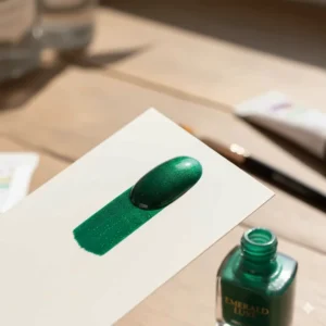 A vibrant swatch showing the deep, shimmering shade of emerald green nail polish.