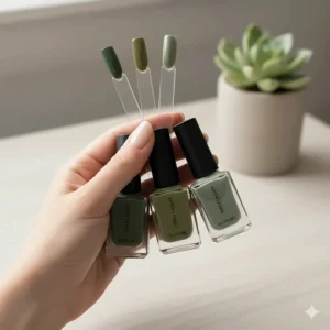 Hand holding bottles to show a color swatch of olive green gel nail polish.