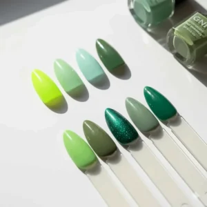 A set of swatches on a white background displaying various shades of green nail polish, from neon to olive.
