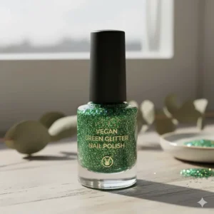 An image of the glass bottle containing the non-toxic, vegan-friendly green glitter nail polish product.