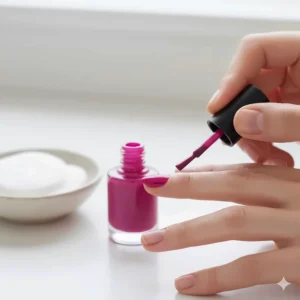 A hand holding a brush, carefully applying the first coat of magenta nail polish onto a fingernail during the home manicure process.