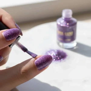 Hand holding a brush applying a second coat of intense purple glitter nail polish.