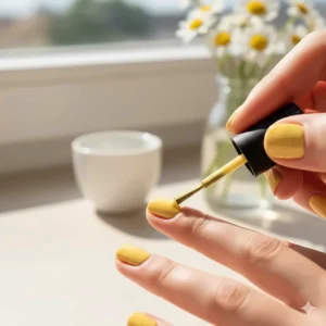 A detailed shot of a person carefully applying a second coat of creamy yellow nail polish for full coverage.