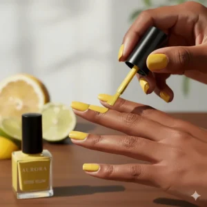 An image showing a brush smoothly applying the second coat of yellow nail polish for a flawless, streak-free finish.