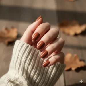 Fall-inspired manicure featuring warm cinnamon brown nail polish held against a cozy sweater.