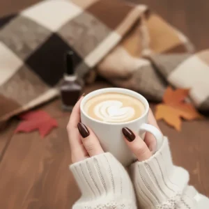 A person holding a coffee cup showcasing dark brown nail polish for fall fashion.