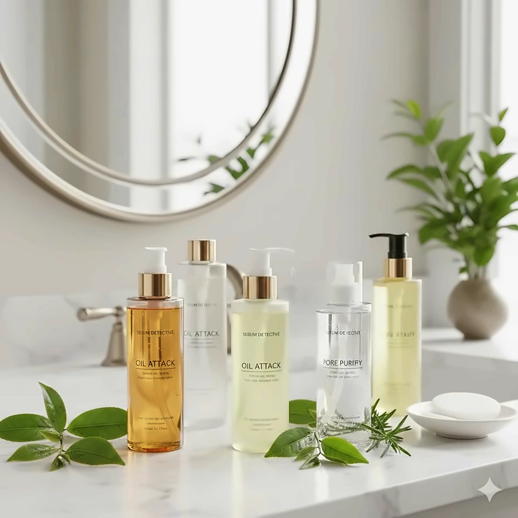 A curated selection of the best cleansing oils for oily skin displayed on a clean bathroom vanity. best cleansing oil for oily skin