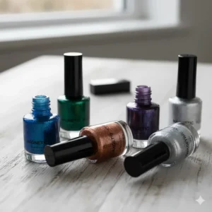 A collection of the best magnetic nail polish bottles in various colors, clearly showing the metallic, shimmery pigment.