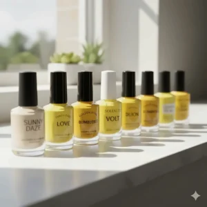 A curated collection showcasing several bottles of the best yellow nail polish from various popular brands.