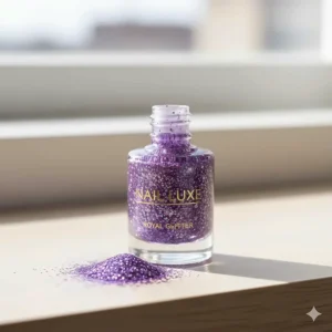 A glass bottle of the best purple glitter nail polish displayed on a light background.