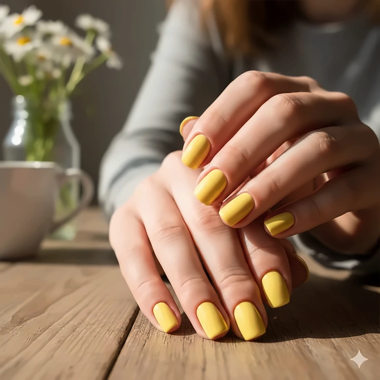 A close-up view of a fresh, glossy yellow nail polish manicure, showing perfectly polished nails on a neutral background.