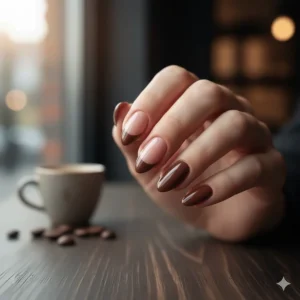 Creative French manicure design using coffee-colored brown nail polish on the tips.
