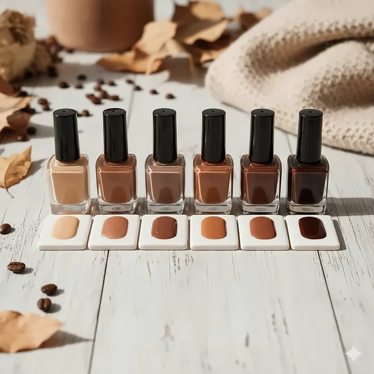 A collection of various brown nail polish bottles showing shades from mocha to caramel.
