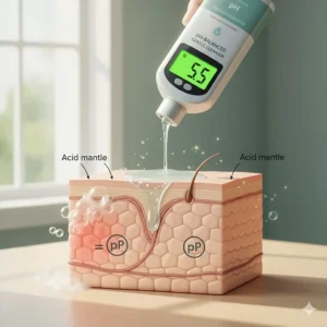 Illustration of ceramide molecules repairing the moisture barrier in sensitive skin.