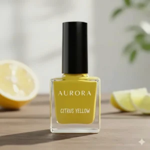 Close-up shot of the citrus yellow nail polish bottle, highlighting the premium packaging and clear, vibrant liquid color.