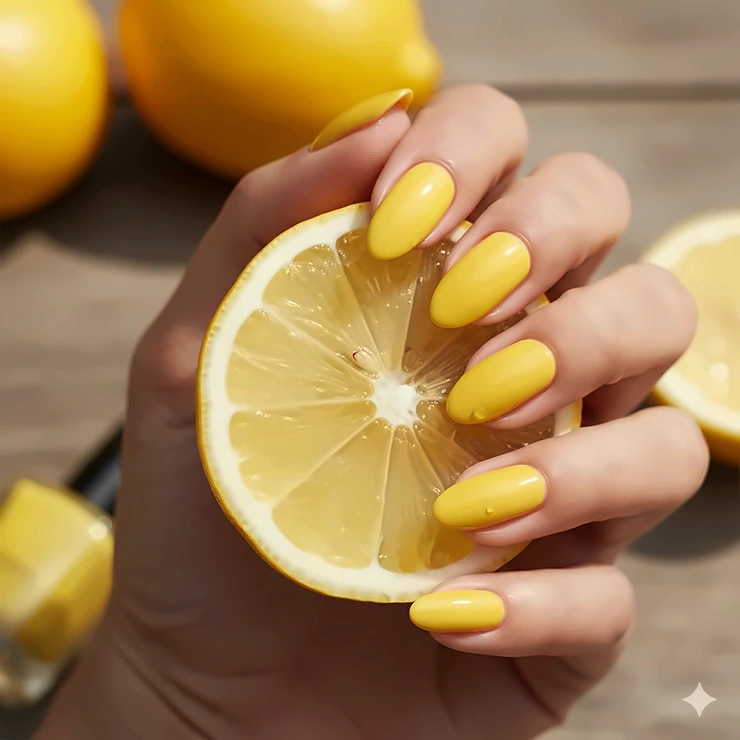 Citrus yellow nail polish applied to manicured nails, perfectly capturing the bright, vibrant color and glossy finish.