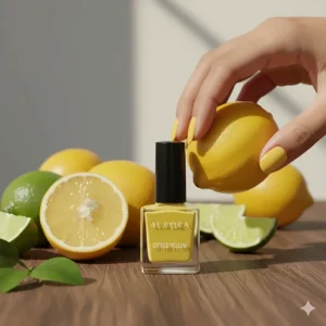 Product shot of the citrus yellow nail polish bottle next to fresh lemons and limes, emphasizing the inspiration and vibrant tone.