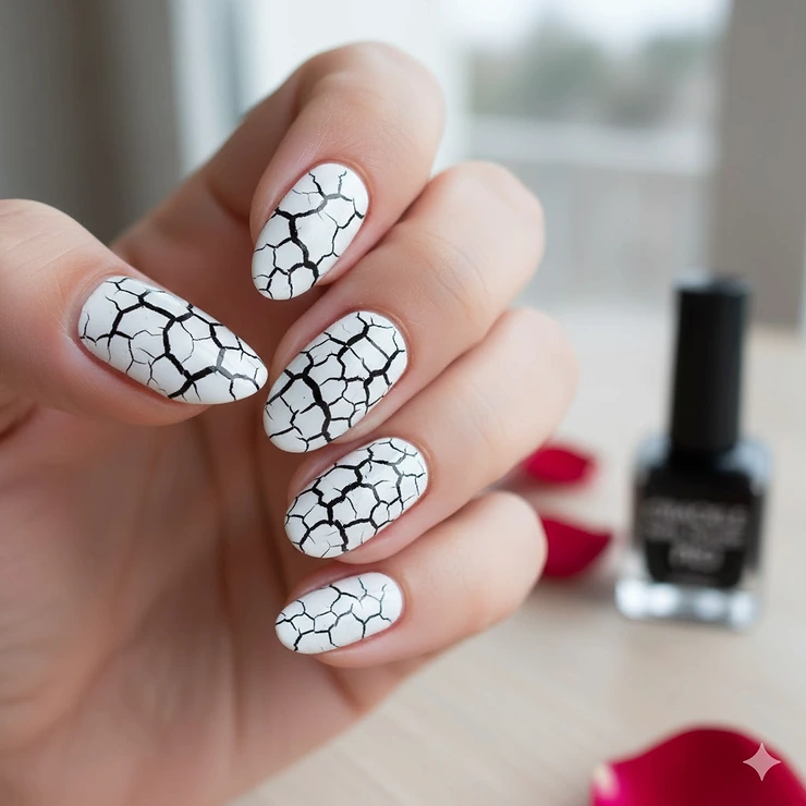 Classic manicure look using a black crackle nail polish over a bright white base coat for high contrast.