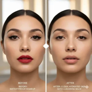 A split screen showing heavy waterproof makeup vs. clean, hydrated skin after using a cleansing balm.